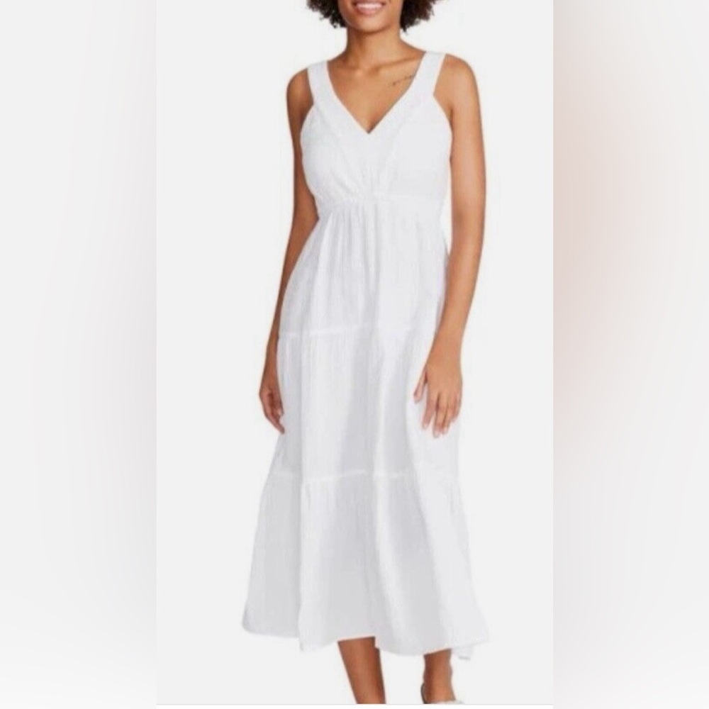 Steve Madden White Cotton Gauze Maxi Dress Sleeveless Tiered Smocked Back NWOT